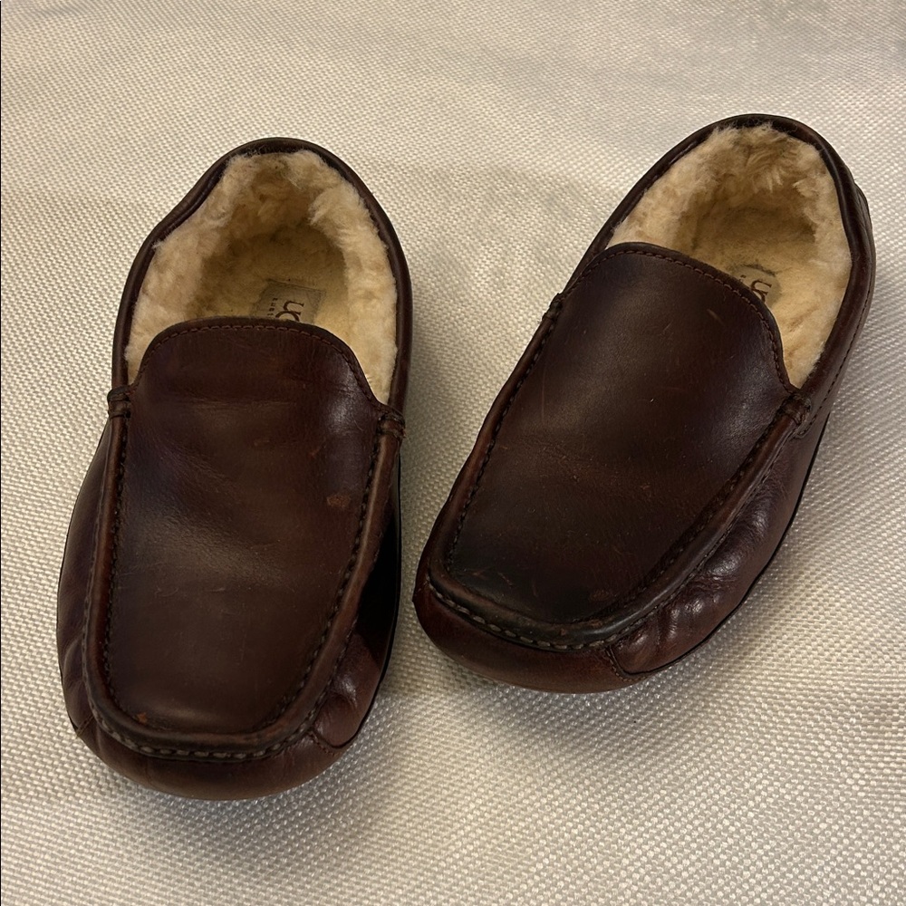UGG Brown Leather Shearling-Lined Slip-On Loafers